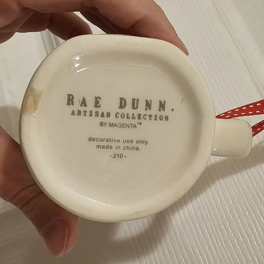 Rae Dunn EUC Ornament Set - Holly and Jolly Mugs with Red Ribbon